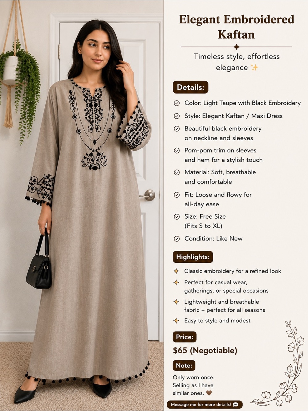 Embroidered Taupe Long-Sleeve Kaftan with Black Detail